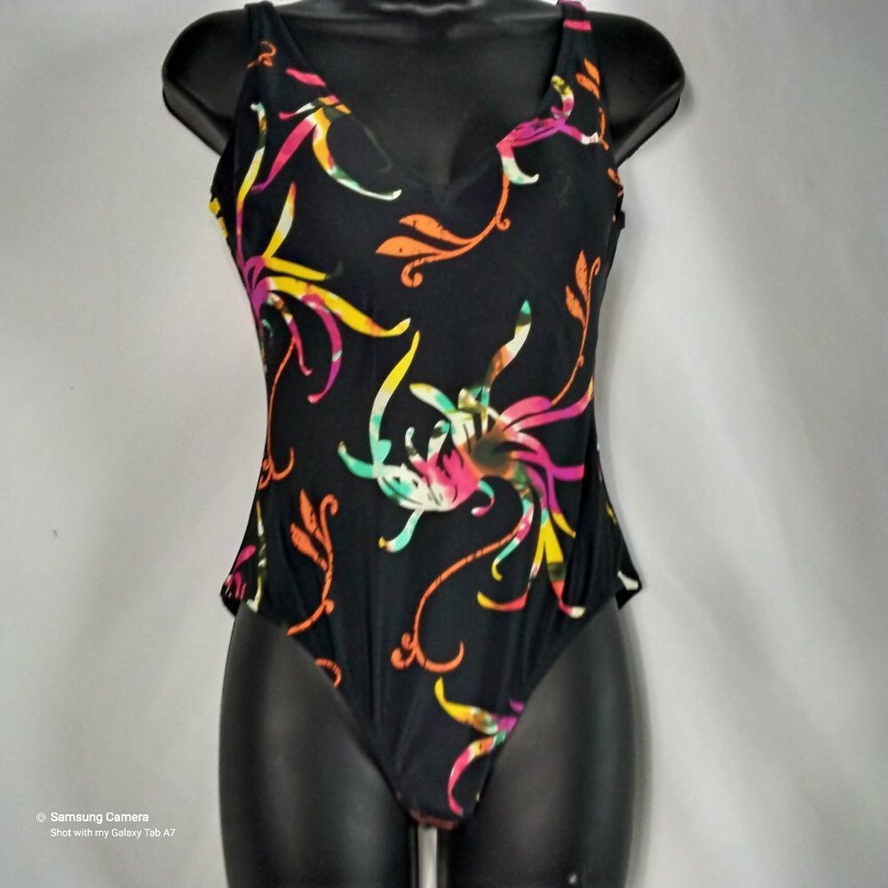 Gottex Blue Blk & Multi Floral One Piece Swimsuit V-Front & Deep V-Back NWT Sz 1